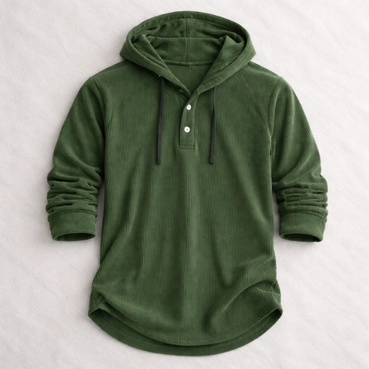 Pull à capuche homme en velours côtelé à col boutonné – Ivan – Vert