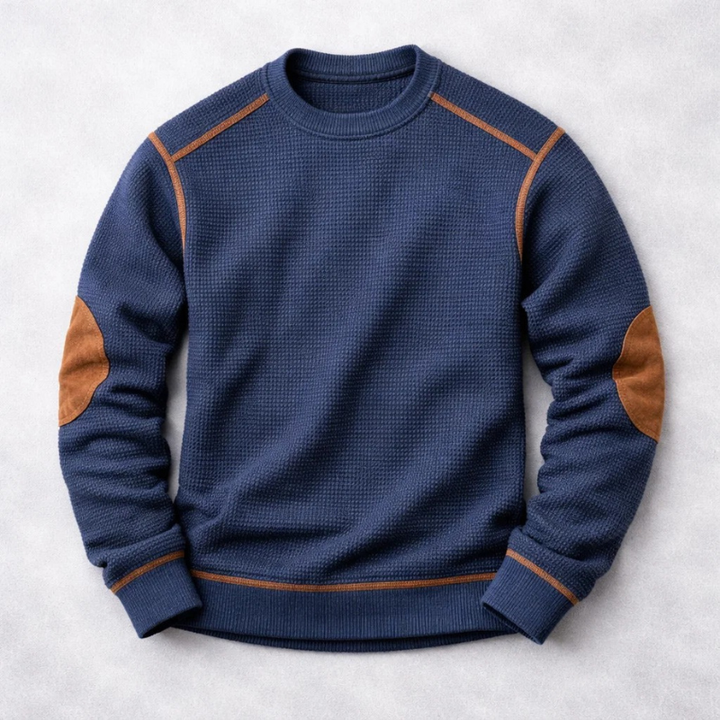 Pull homme texturé en maille gaufrée à coudières – Rémi – Bleu marine
