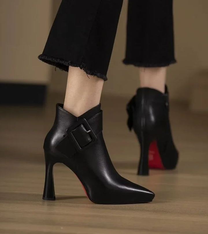 Bottines femme en cuir à bout pointu, boucle XXL et talon évasé – Garance – vue 3
