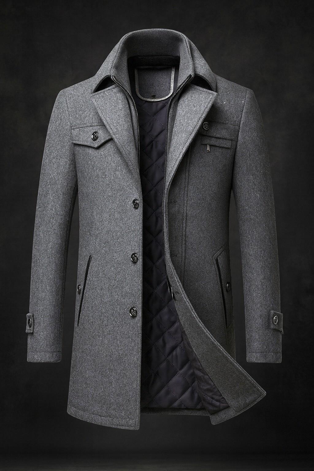 Manteau homme en laine naturelle à doublure matelassée – Édouard – Gris