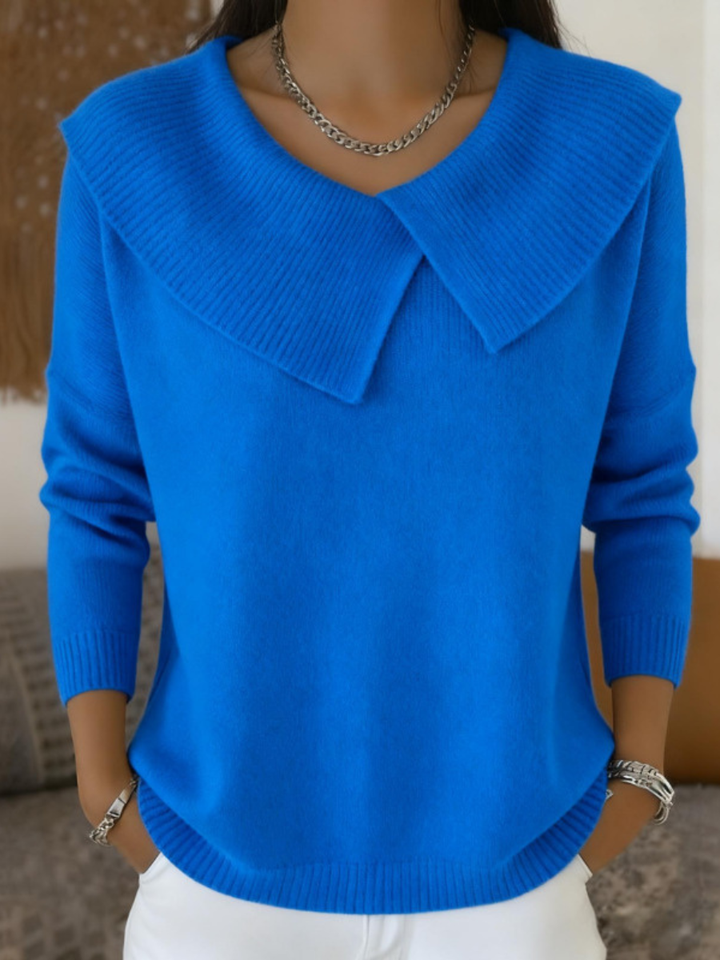 Pull femme à grand col rabattu asymétrique en maille côtelée – Lucie - Bleu roi