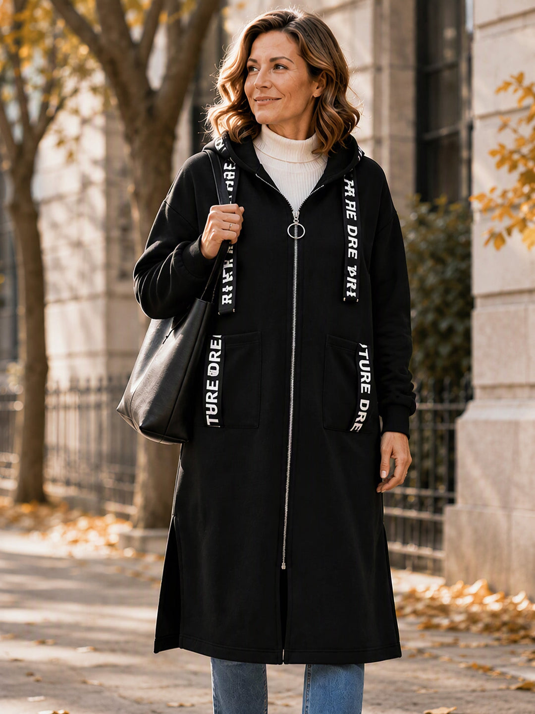 Manteau sweat long femme oversize zippé à capuche – Léonie - Noir
