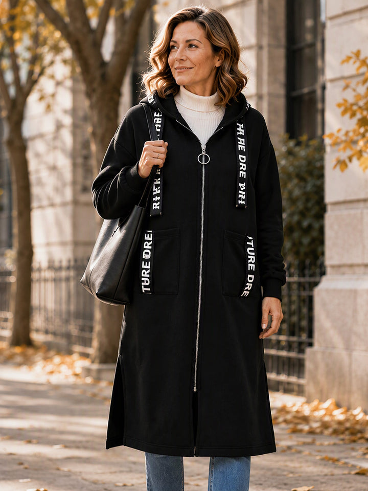 Manteau sweat long femme oversize zippé à capuche – Léonie - Noir