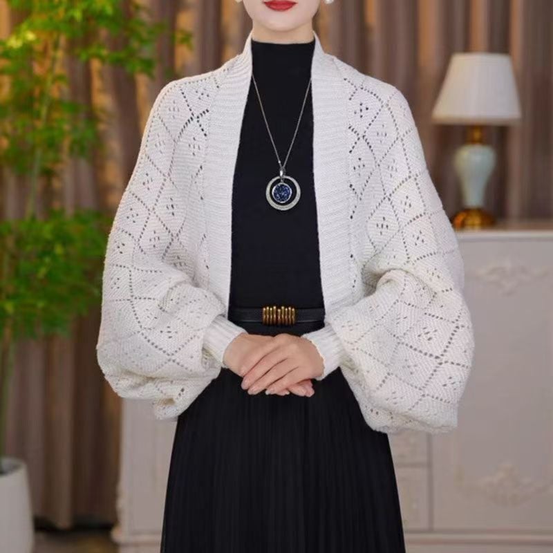 Gilet châle femme en maille ajourée à manches longues – Colette - Blanc