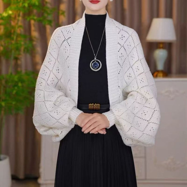 Gilet châle femme en maille ajourée à manches longues – Colette - Blanc