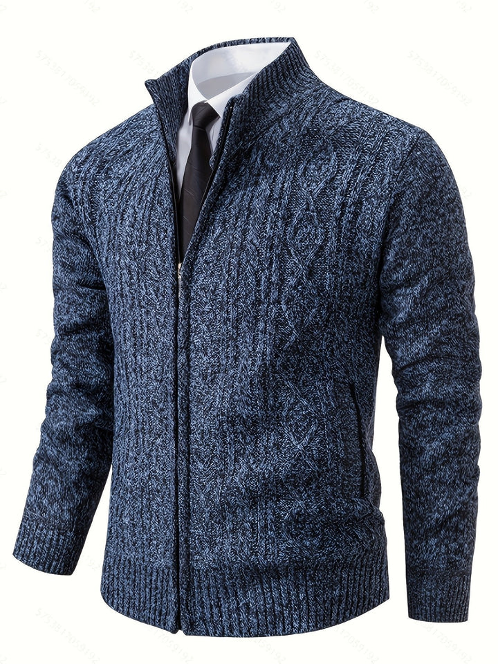 Cardigan zippé homme en maille torsadée à col montant – Henrik – Bleu