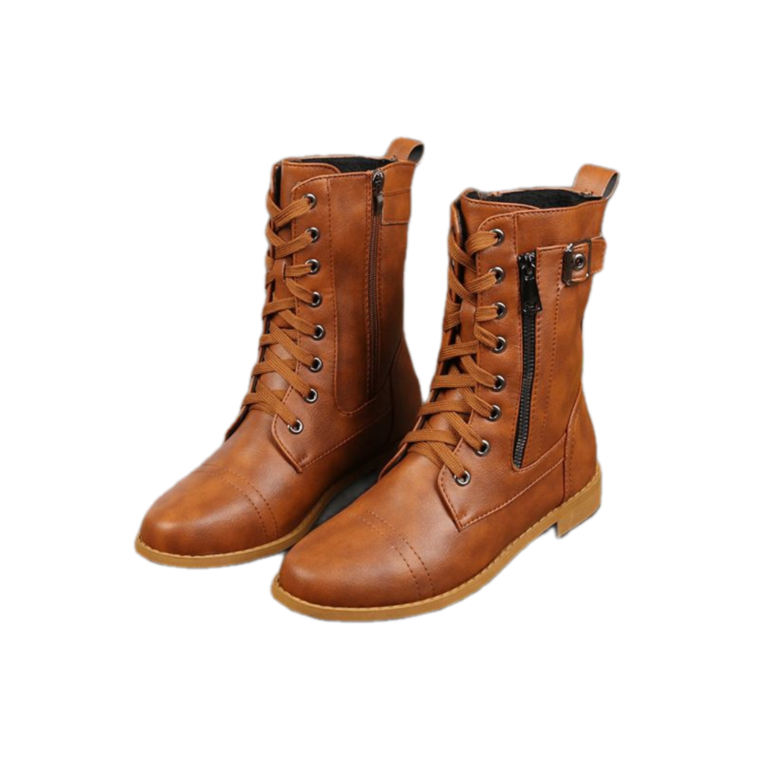 Bottines femme à lacets et zip latéral avec boucle, bout large confortable – Inès - Marron