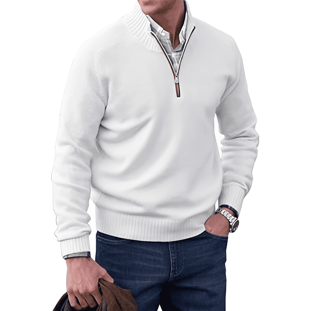 Pull demi-zip homme en maille façon cachemire à col montant – Pierre – Blanc