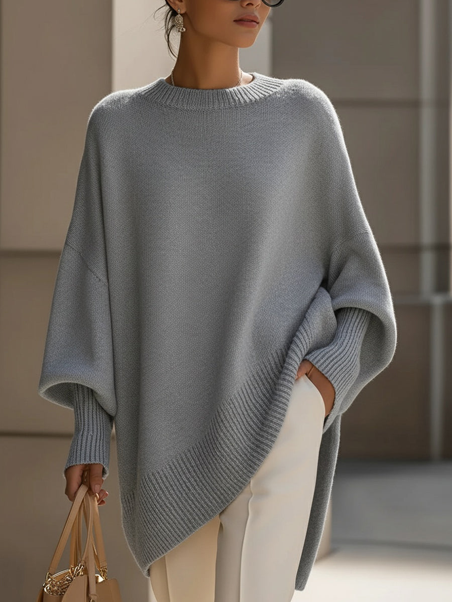 Pull poncho oversize femme en maille douce à col rond – Margaux - Gris