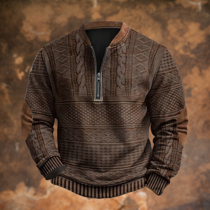 Pull homme d'hiver en maille texturée à col demi-zip – Jean – Marron
