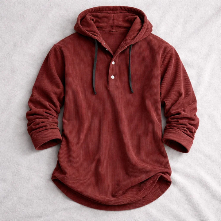 Pull à capuche homme en velours côtelé à col boutonné – Ivan – Rouge