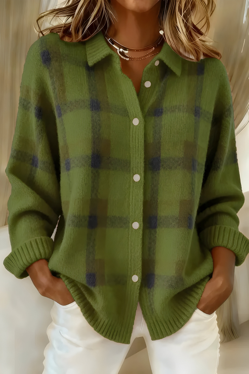 Cardigan femme à carreaux en maille douce et col chemise – Léa - Vert