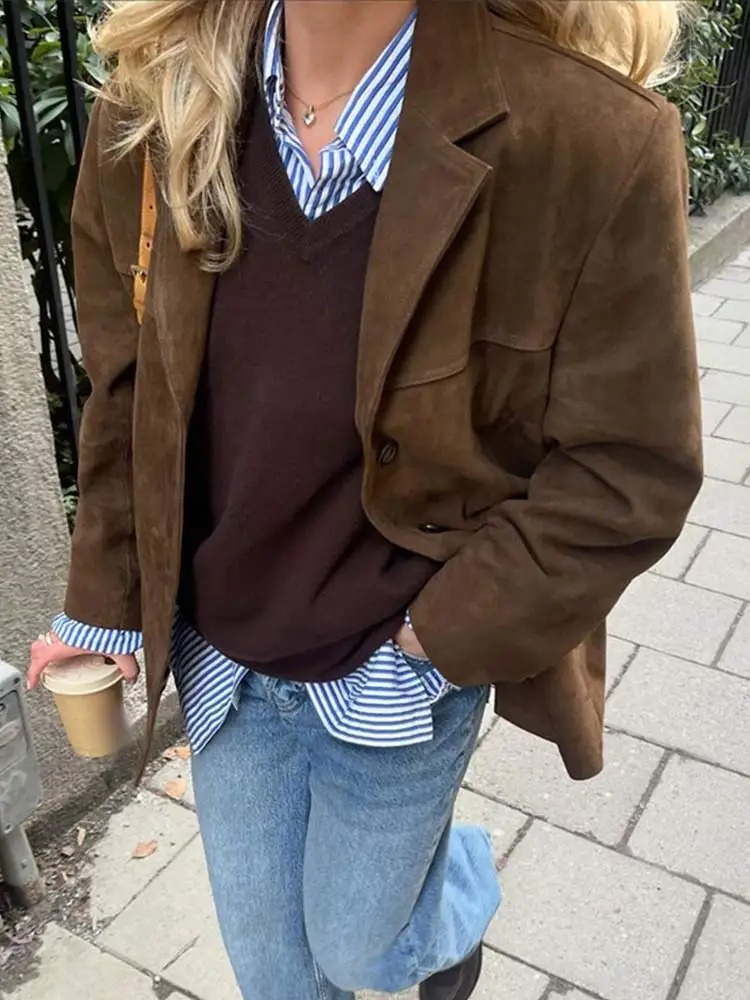 Veste blazer oversize femme effet daim marron – Jeanne - vue 2