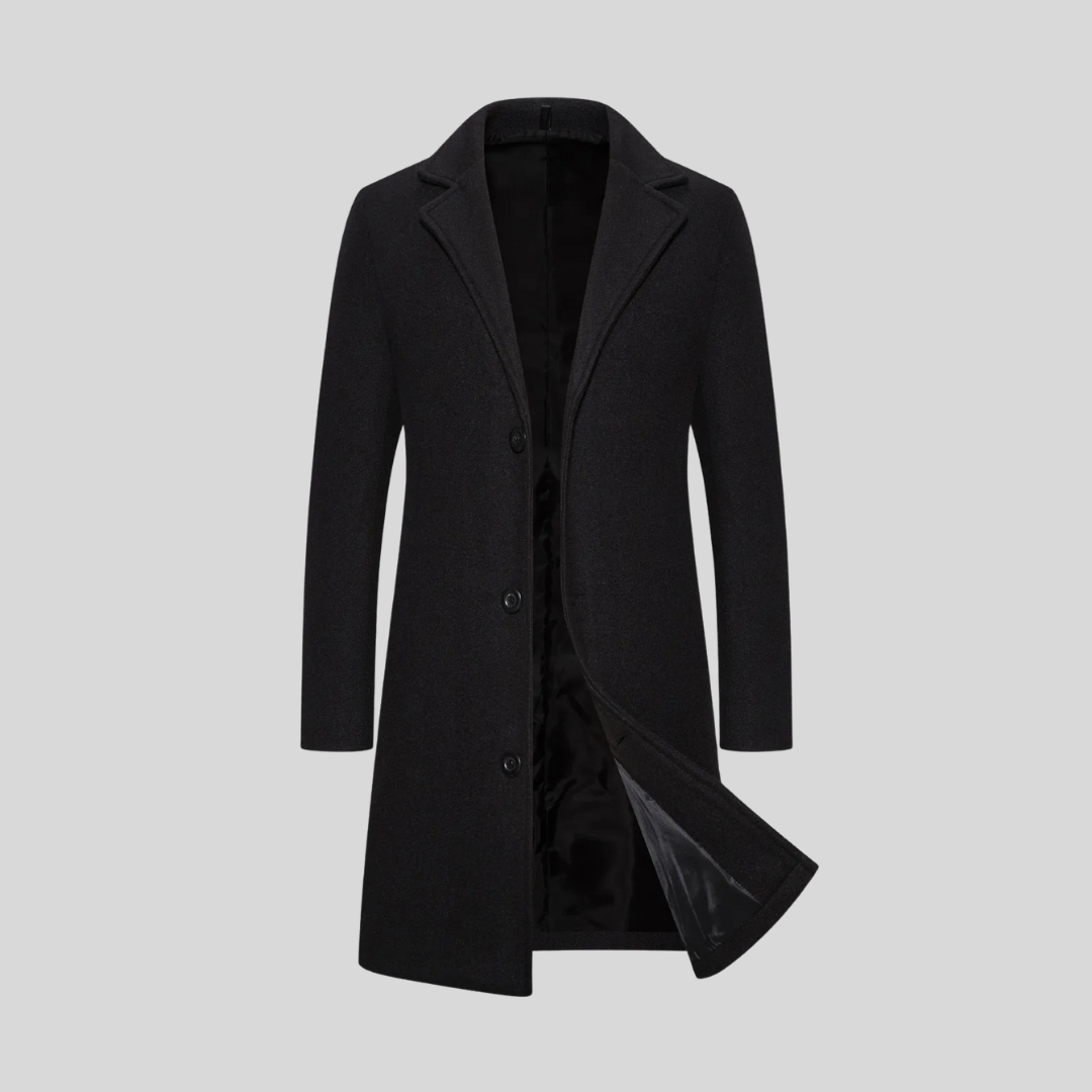 Manteau long homme élégant en laine à trois boutons – Augustin – Noir