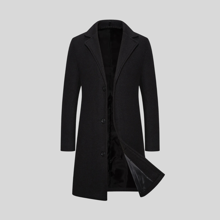Manteau long homme élégant en laine à trois boutons – Augustin – Noir