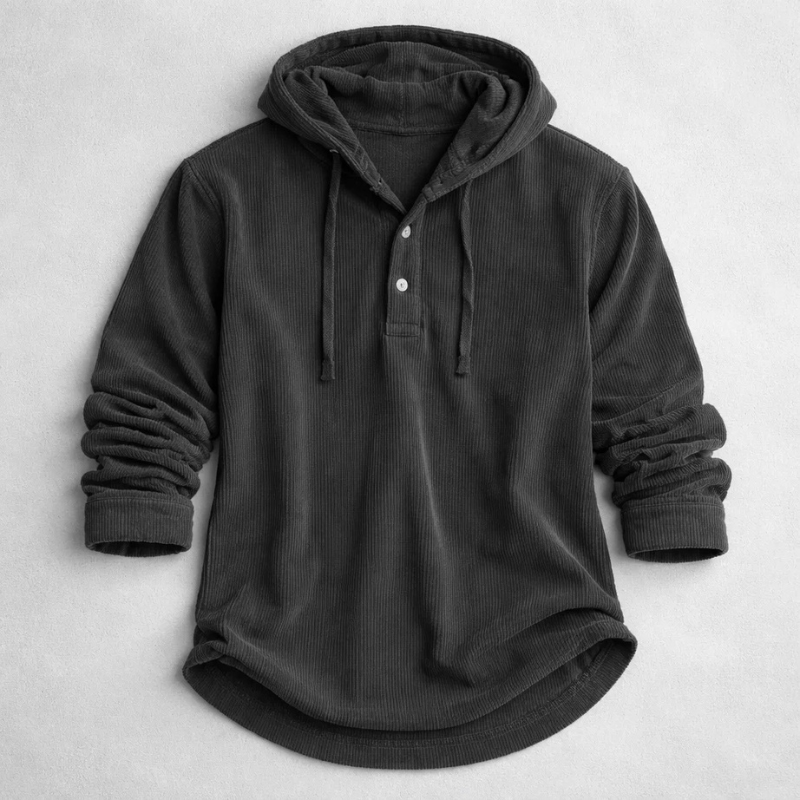 Pull à capuche homme en velours côtelé à col boutonné – Ivan – Noir