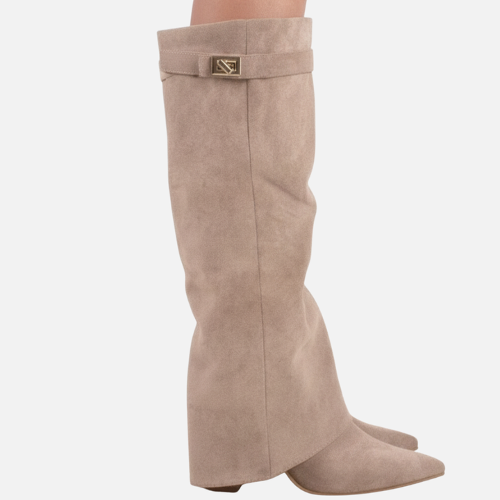 Bottes hautes femme en daim à tige large et bout pointu – Ambre – vue 7