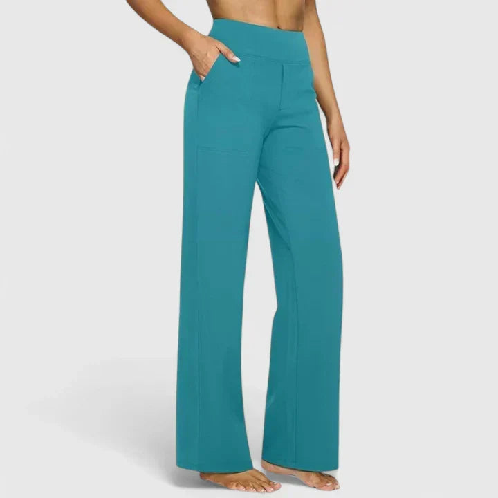 Pantalon femme taille haute à jambe droite et poches – Romane - Turquoise