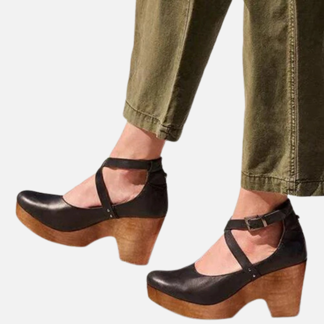 Sabots Mary Jane femme en cuir à plateforme et bride cheville – Rétro – Noir
