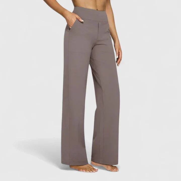 Pantalon femme taille haute à jambe droite et poches – Romane - Taupe
