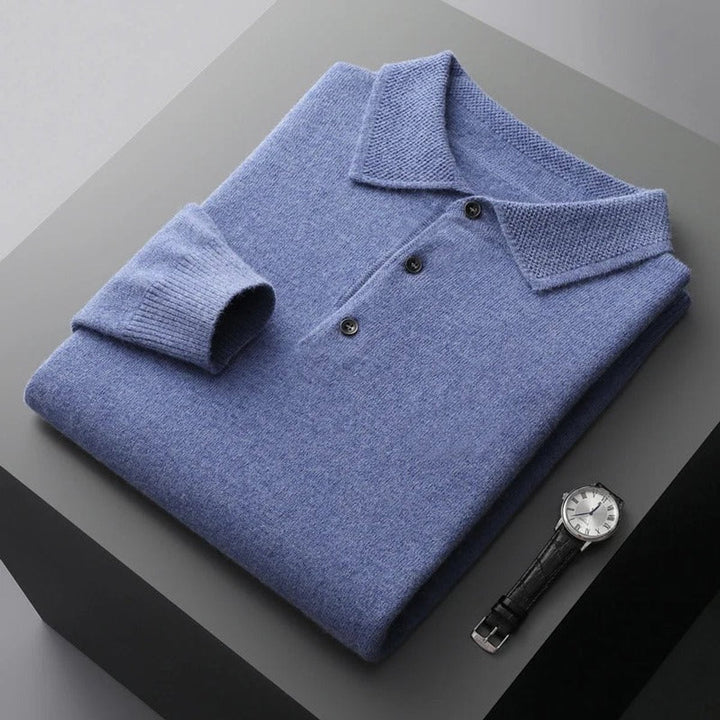 Pull polo homme élégant en maille façon cachemire à boutons – David – Bleu