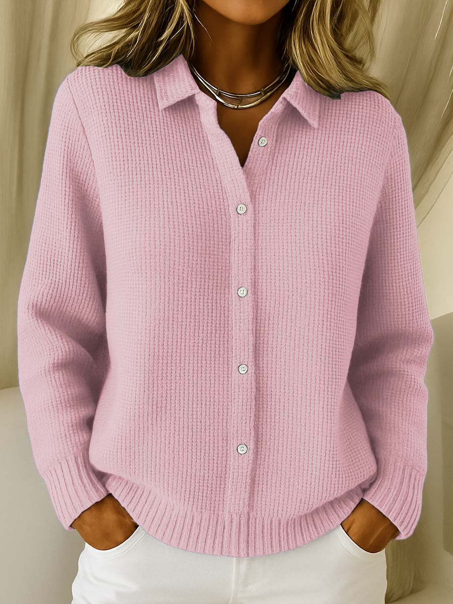 Gilet femme en maille douce boutonné à col chemise – Juliette - Rose