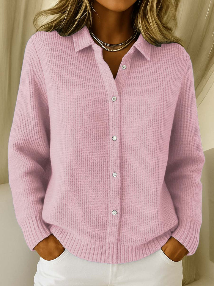 Gilet femme en maille douce boutonné à col chemise – Juliette - Rose