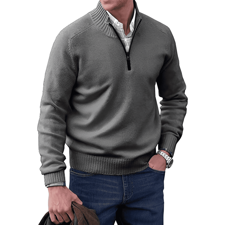 Pull demi-zip homme en maille façon cachemire à col montant – Pierre – Gris foncé