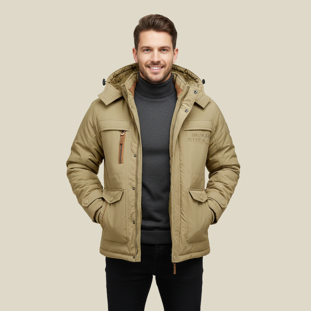 Manteau d'hiver homme robuste et imperméable à capuche amovible – Tobias – Kaki
