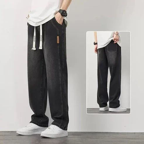 Jean droit homme coupe ample à taille élastique et cordon – Victor - Noir