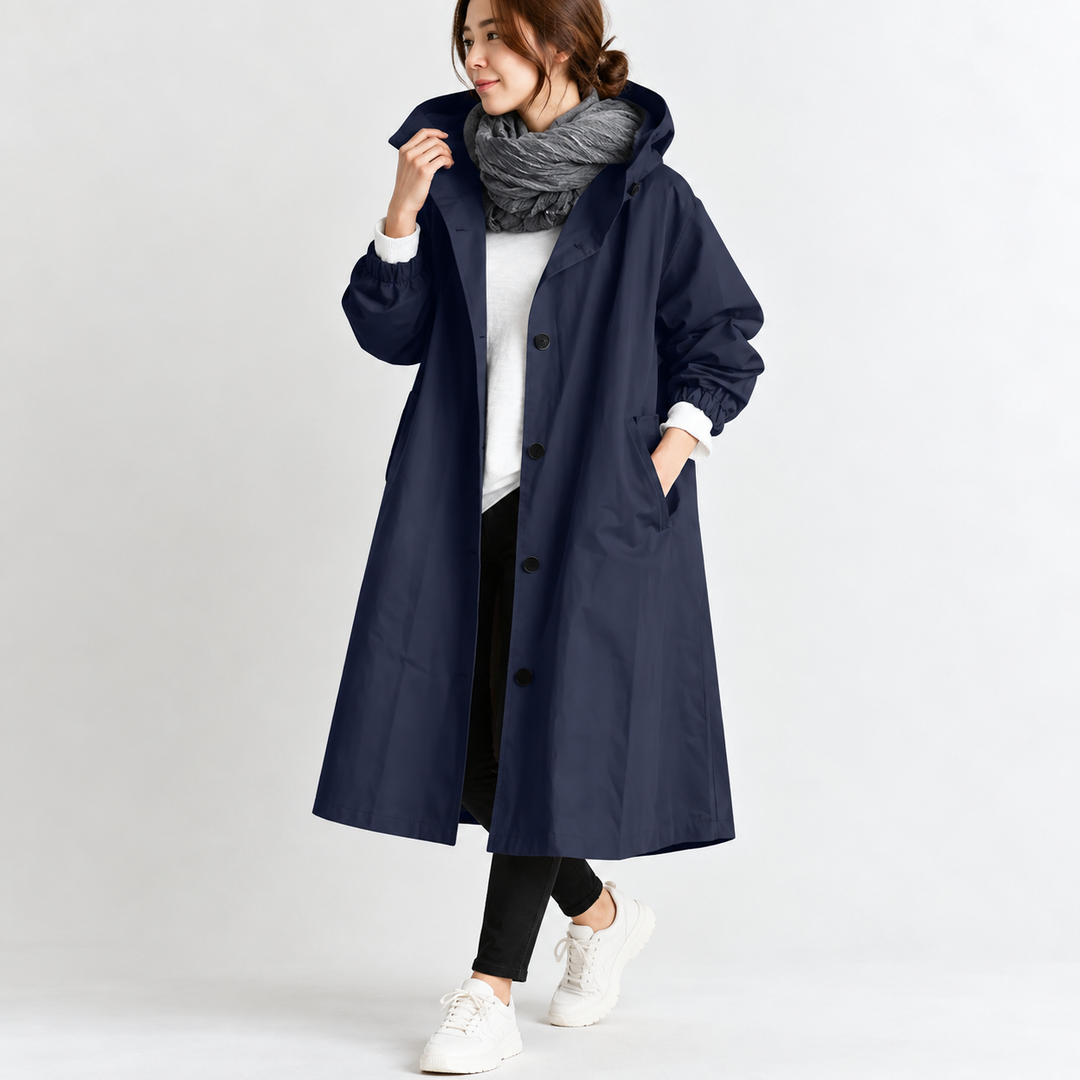 Trench long femme à capuche coupe ample et évasée – Héloïse - Bleu marine