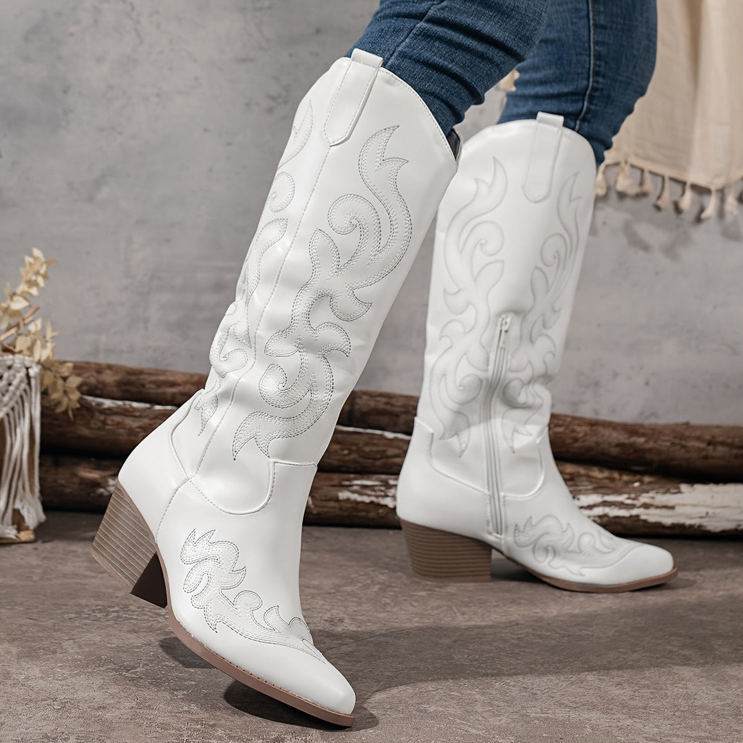 Bottes western femme blanches à tige brodée et talon bloc – Lina – vue 2