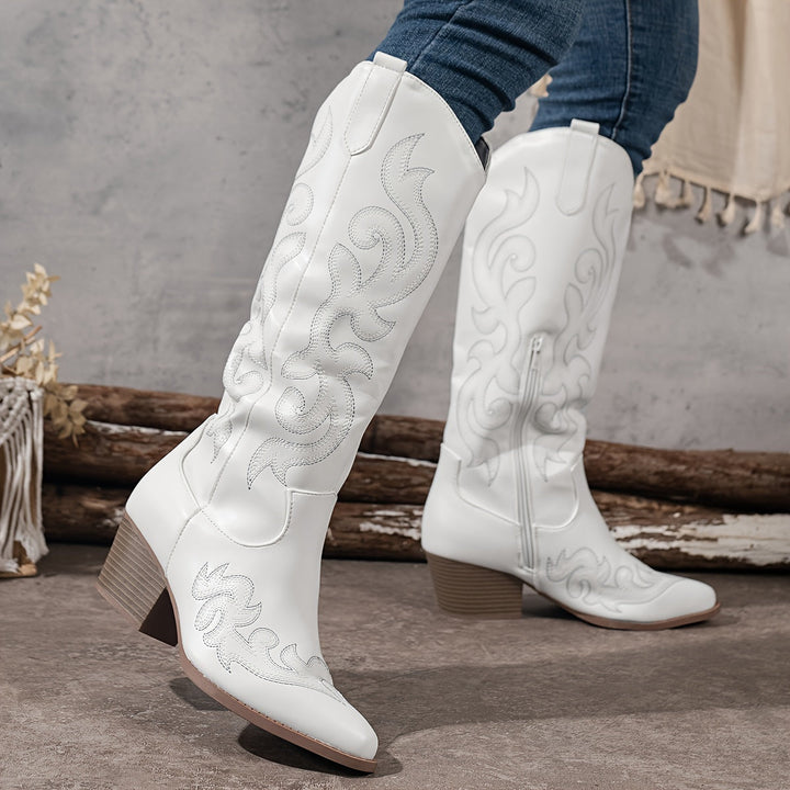 Bottes western femme blanches à tige brodée et talon bloc – Lina – vue 2