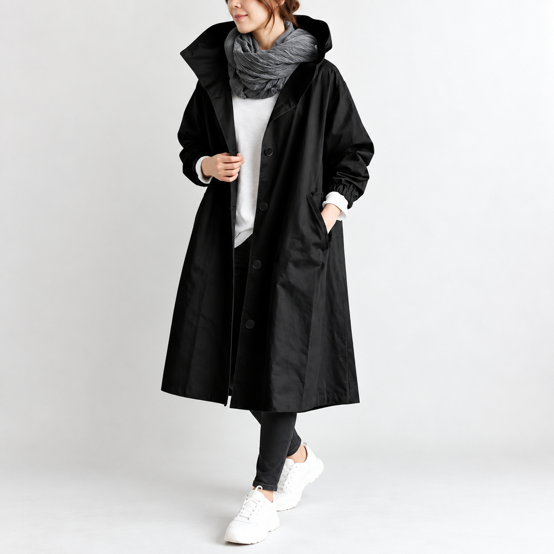Trench long femme à capuche coupe ample et évasée – Héloïse - Noir