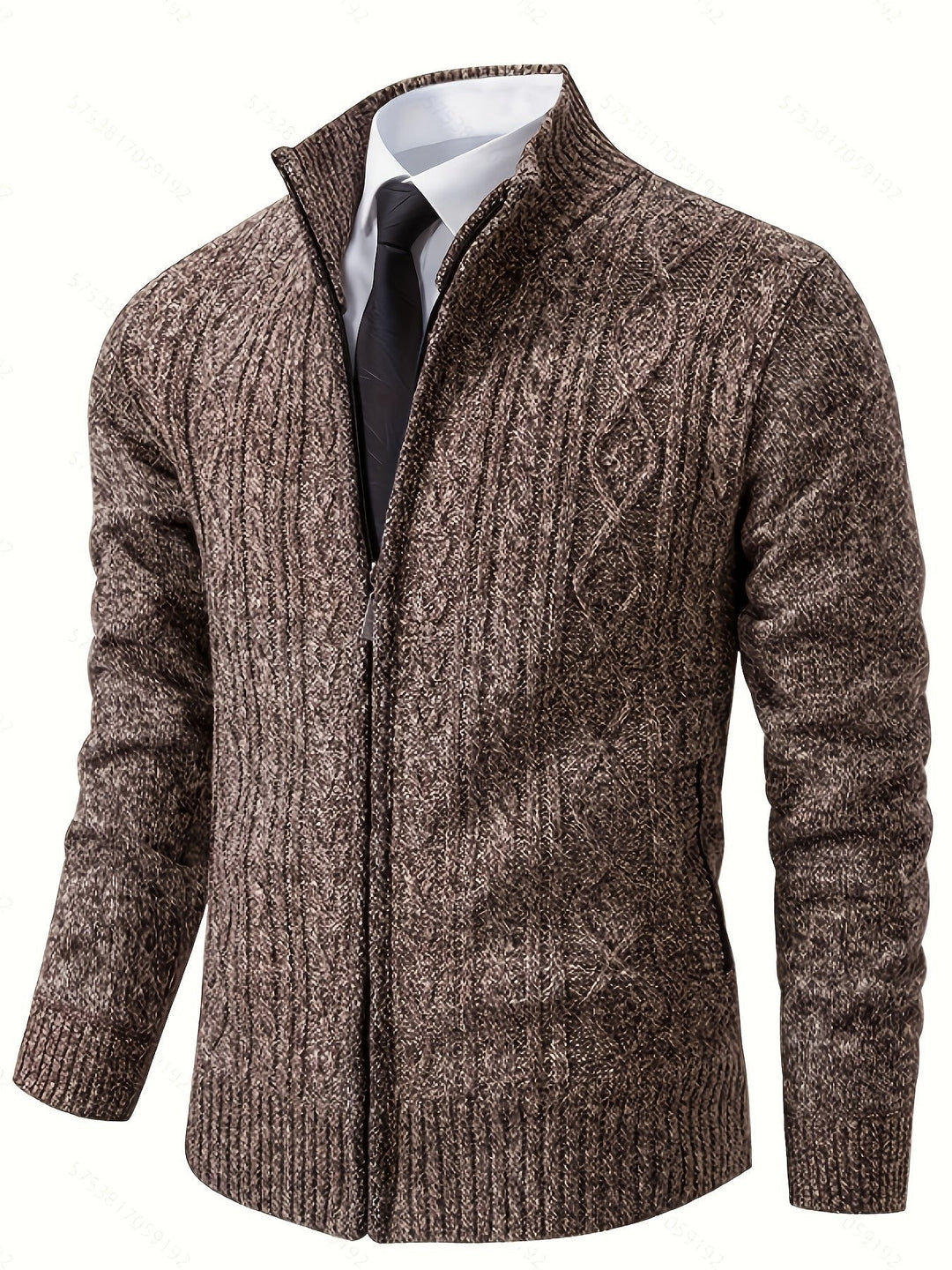 Cardigan zippé homme en maille torsadée à col montant – Henrik – Marron