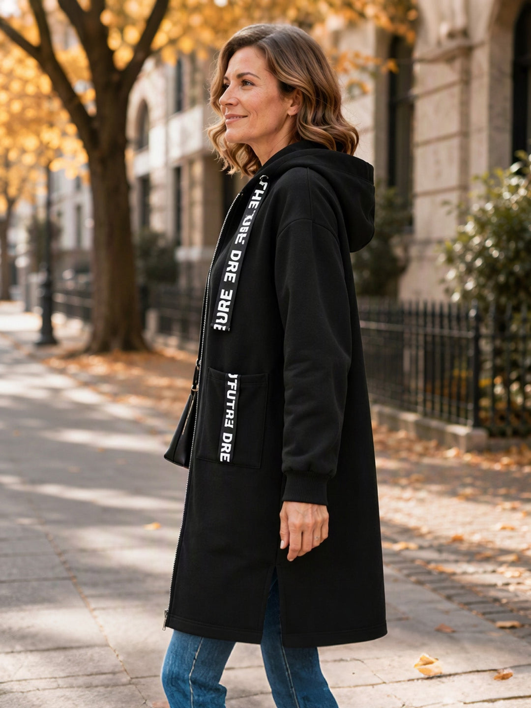 Manteau sweat long femme oversize zippé à capuche – Léonie - vue 3