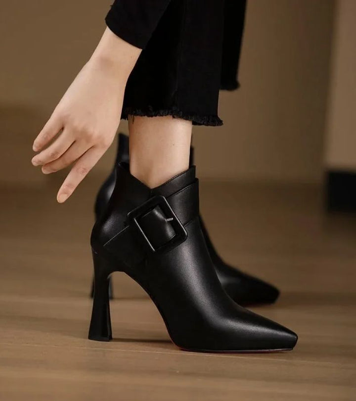 Bottines femme en cuir à bout pointu, boucle XXL et talon évasé – Garance – vue 1