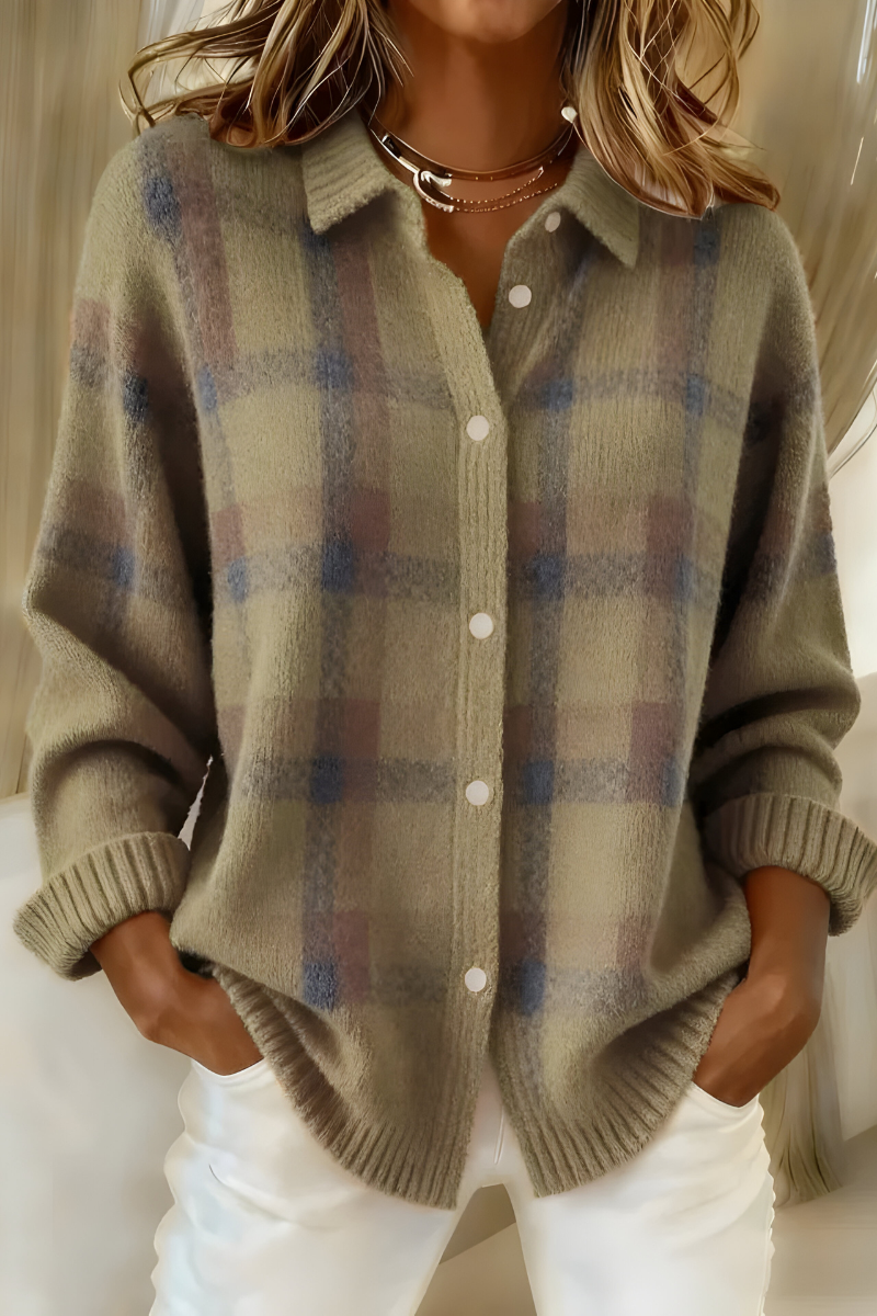 Cardigan femme à carreaux en maille douce et col chemise – Léa - Marron