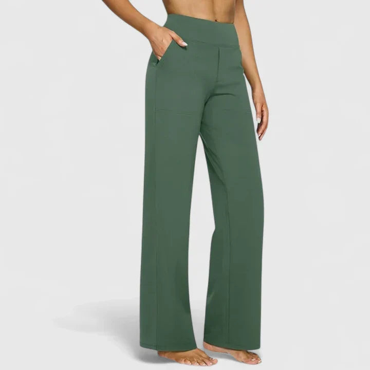 Pantalon femme taille haute à jambe droite et poches – Romane - Vert foncé