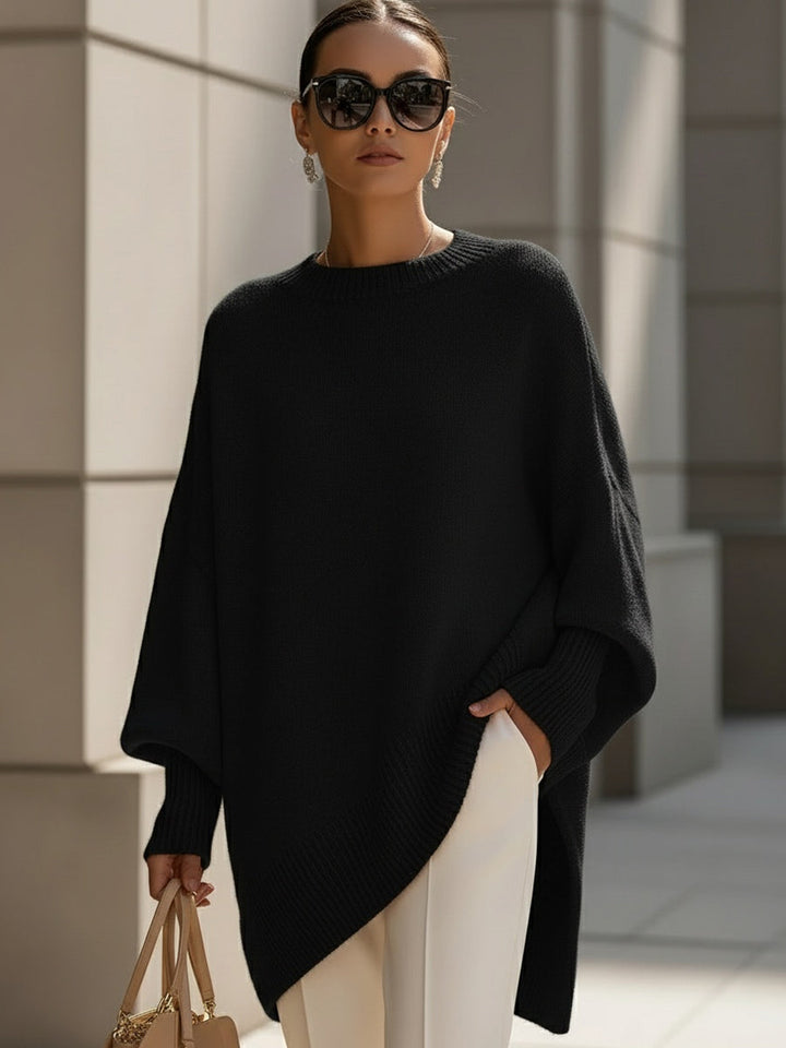 Pull poncho oversize femme en maille douce à col rond – Margaux - Noir
