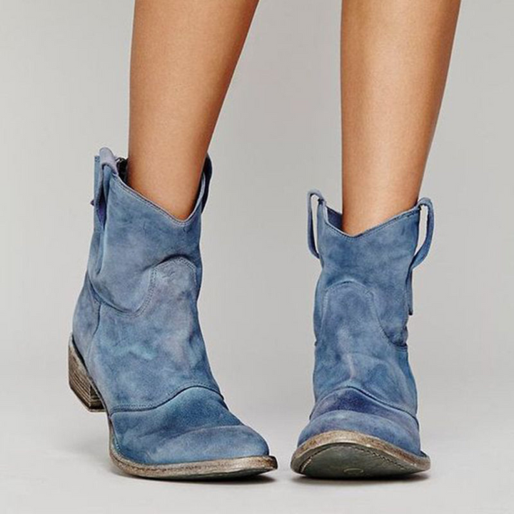 Bottines femme en daim souples à talon bloc bas – Colette – Bleu clair