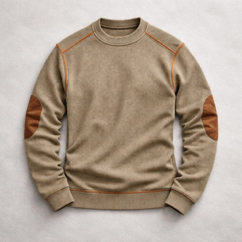Pull homme texturé en maille gaufrée à coudières – Rémi – Marron