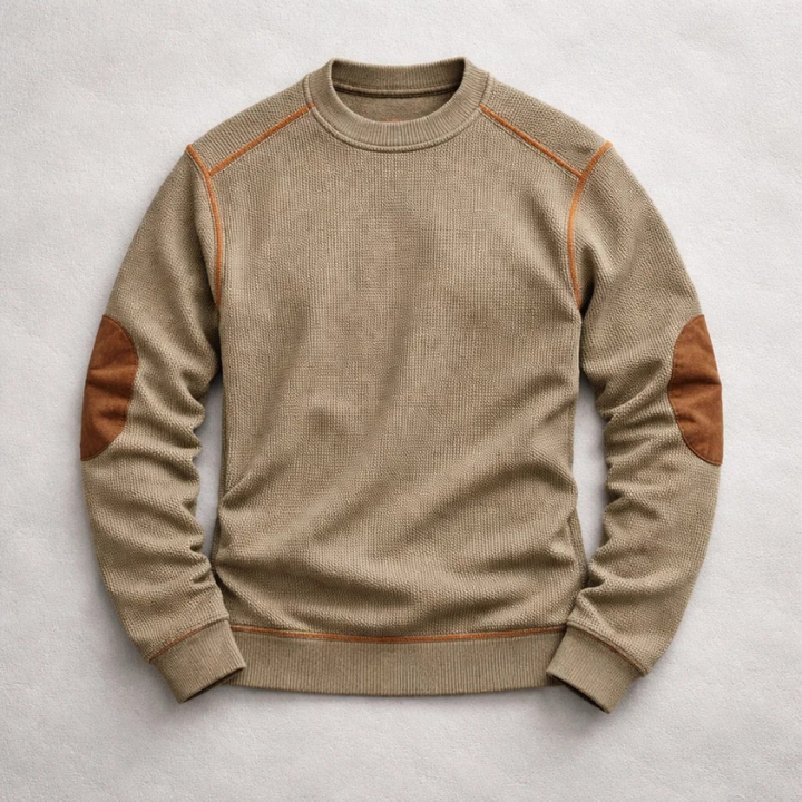 Pull homme texturé en maille gaufrée à coudières – Rémi – Marron
