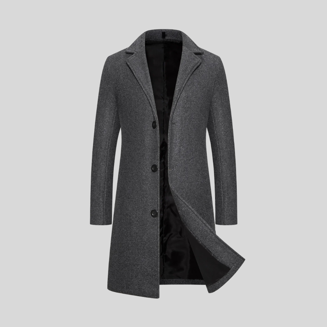 Manteau long homme élégant en laine à trois boutons – Augustin – Gris foncé