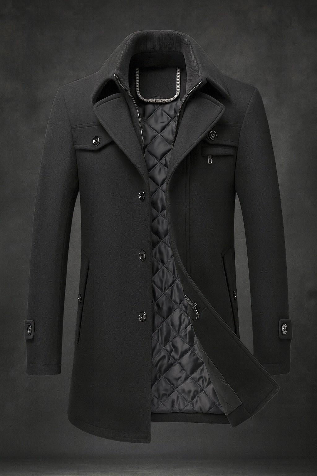 Manteau homme en laine naturelle à doublure matelassée – Édouard – Noir
