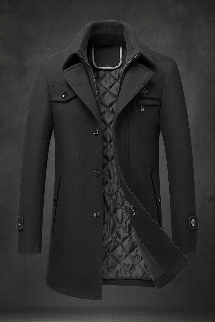 Manteau homme en laine naturelle à doublure matelassée – Édouard – Noir