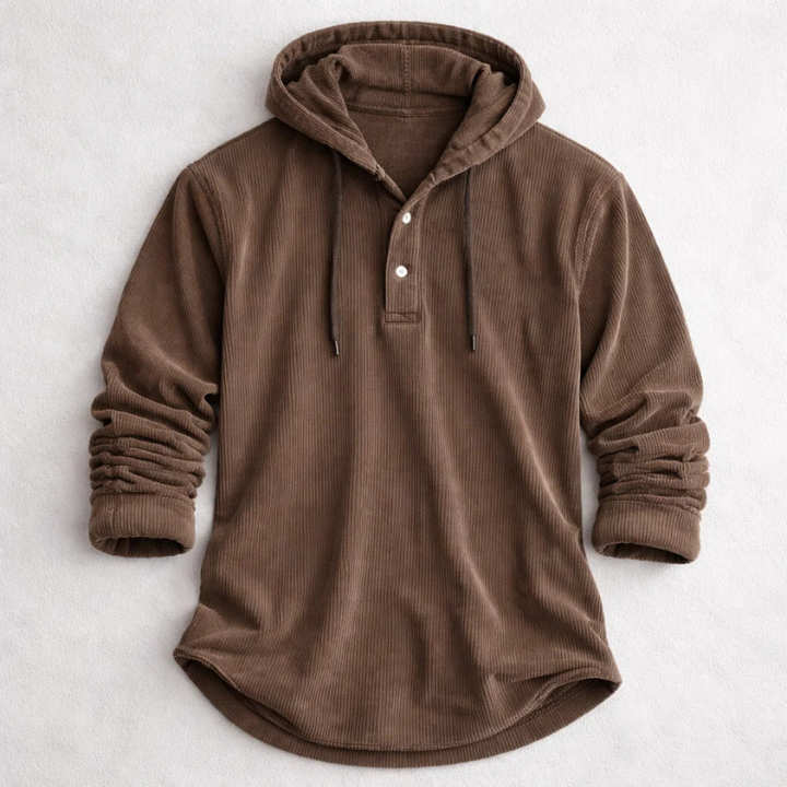 Pull à capuche homme en velours côtelé à col boutonné – Ivan – Marron