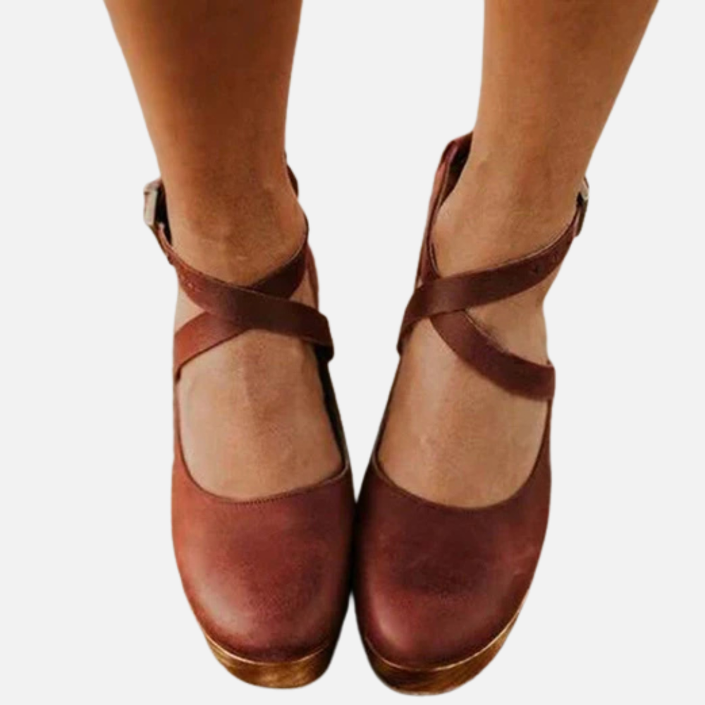 Sabots Mary Jane femme en cuir à plateforme et bride cheville – Rétro – Marron