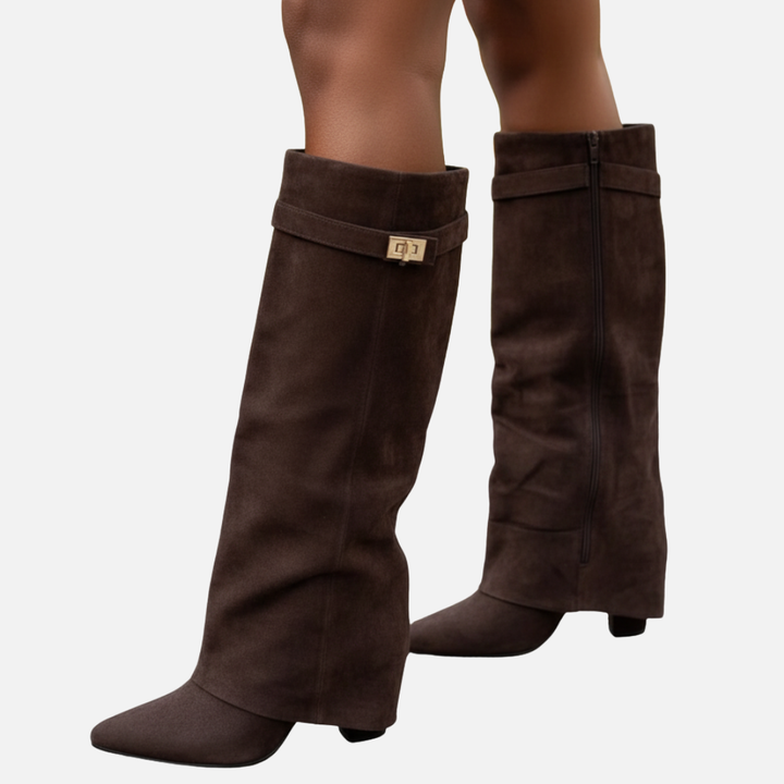 Bottes hautes femme en daim à tige large et bout pointu – Ambre – Marron
