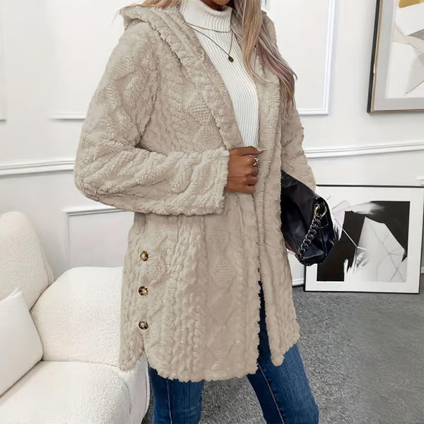 Veste femme peluche à capuche boutonnée motif torsadé – Rose - Abricot